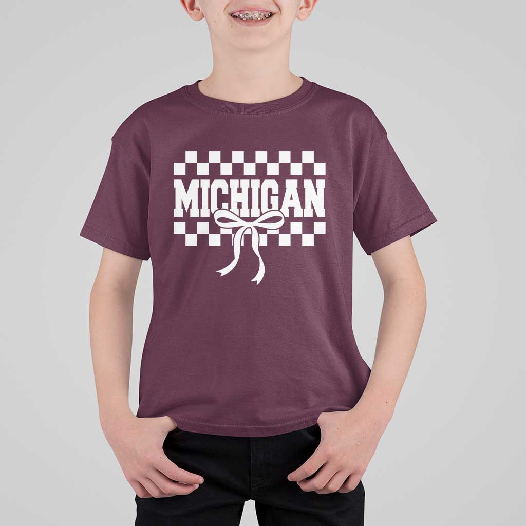 Michigan Fan T Shirt For Kid MI State Sport Coquette Bow Checkered Design Game Day