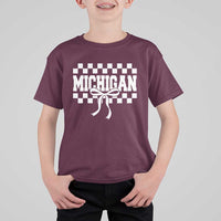 Michigan Fan T Shirt For Kid MI State Sport Coquette Bow Checkered Design Game Day