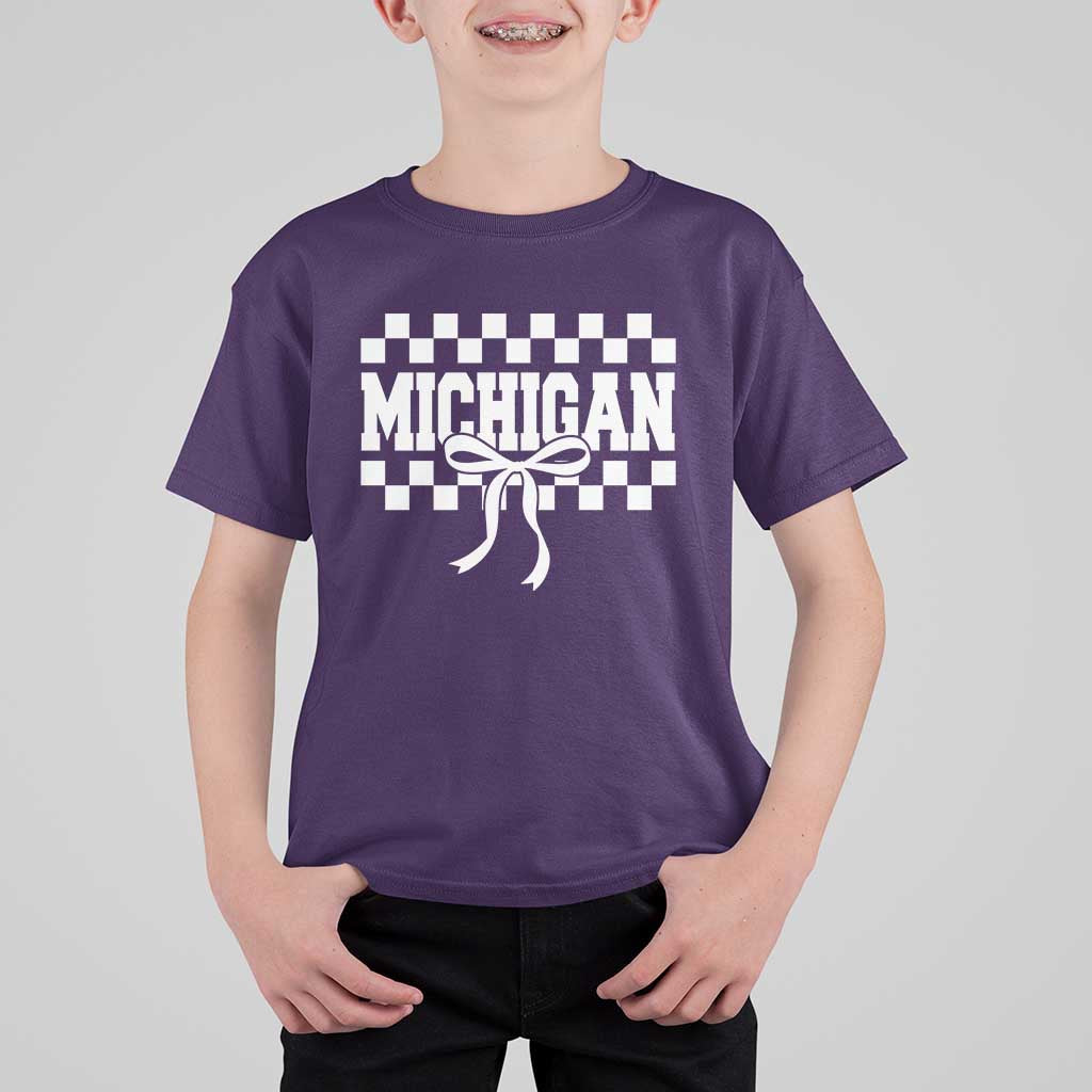 Michigan Fan T Shirt For Kid MI State Sport Coquette Bow Checkered Design Game Day