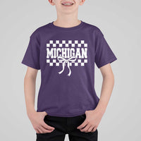 Michigan Fan T Shirt For Kid MI State Sport Coquette Bow Checkered Design Game Day