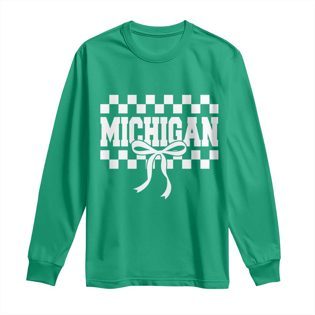 Michigan Fan Long Sleeve Shirt MI State Sport Coquette Bow Checkered Design Game Day