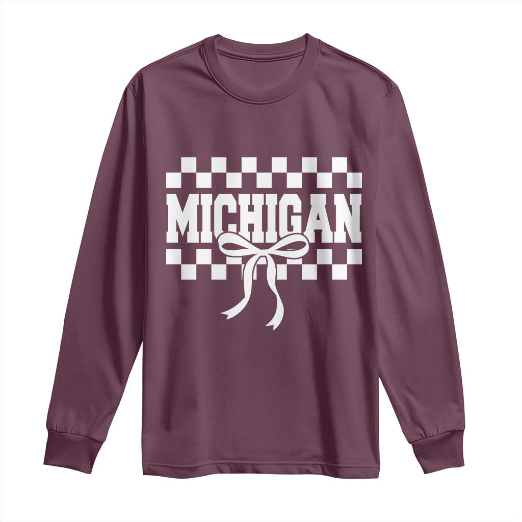 Michigan Fan Long Sleeve Shirt MI State Sport Coquette Bow Checkered Design Game Day