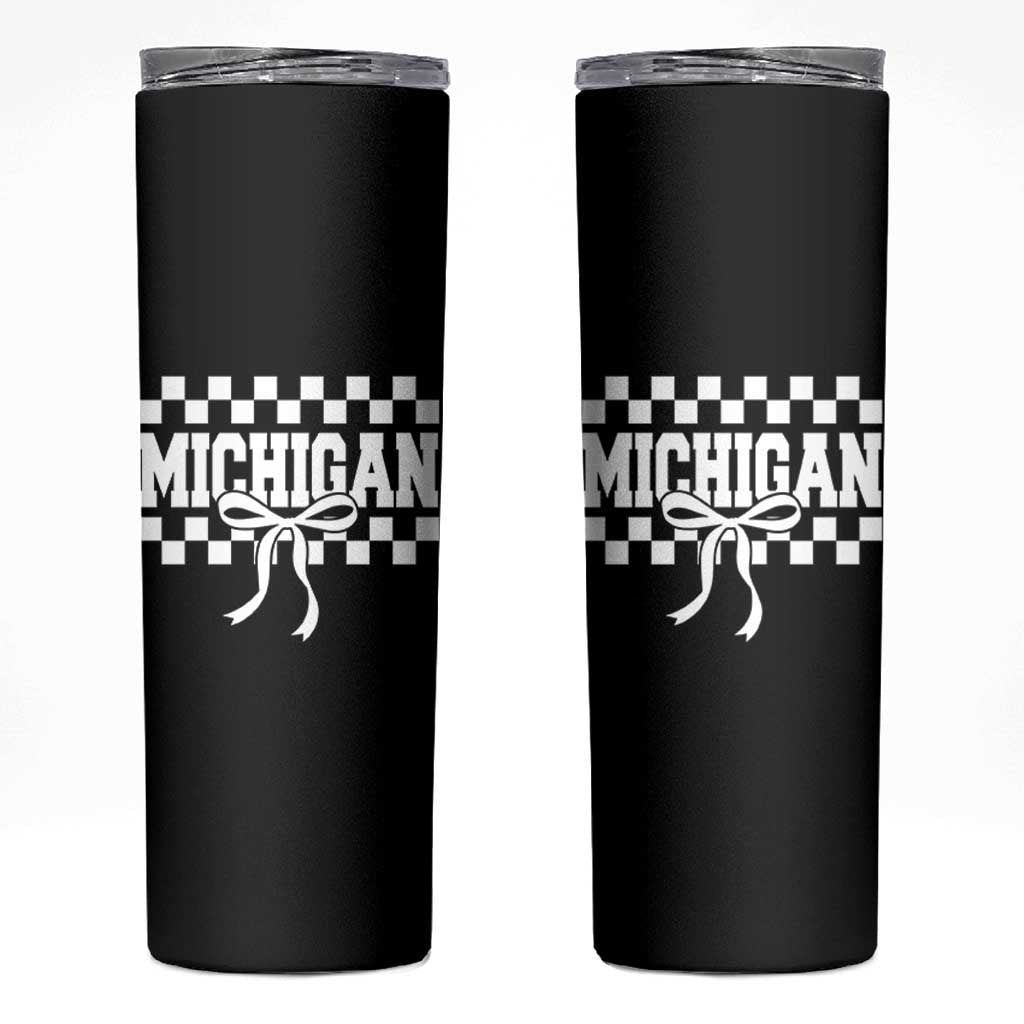 Michigan Fan Skinny Tumbler MI State Sport Coquette Bow Checkered Design Game Day