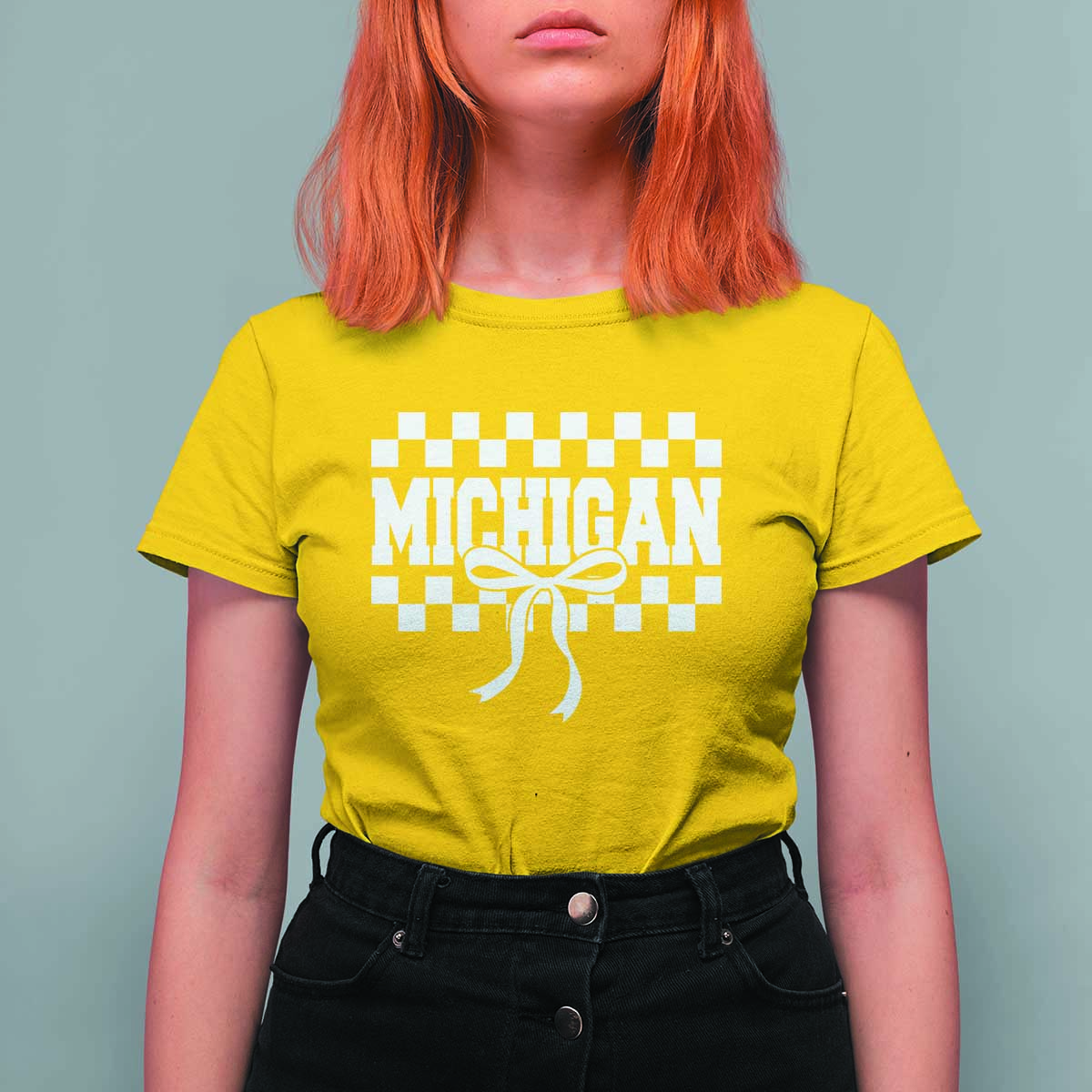 Michigan Fan T Shirt For Women MI State Sport Coquette Bow Checkered Design Game Day