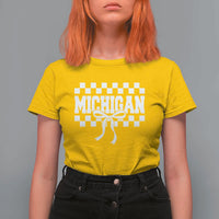 Michigan Fan T Shirt For Women MI State Sport Coquette Bow Checkered Design Game Day