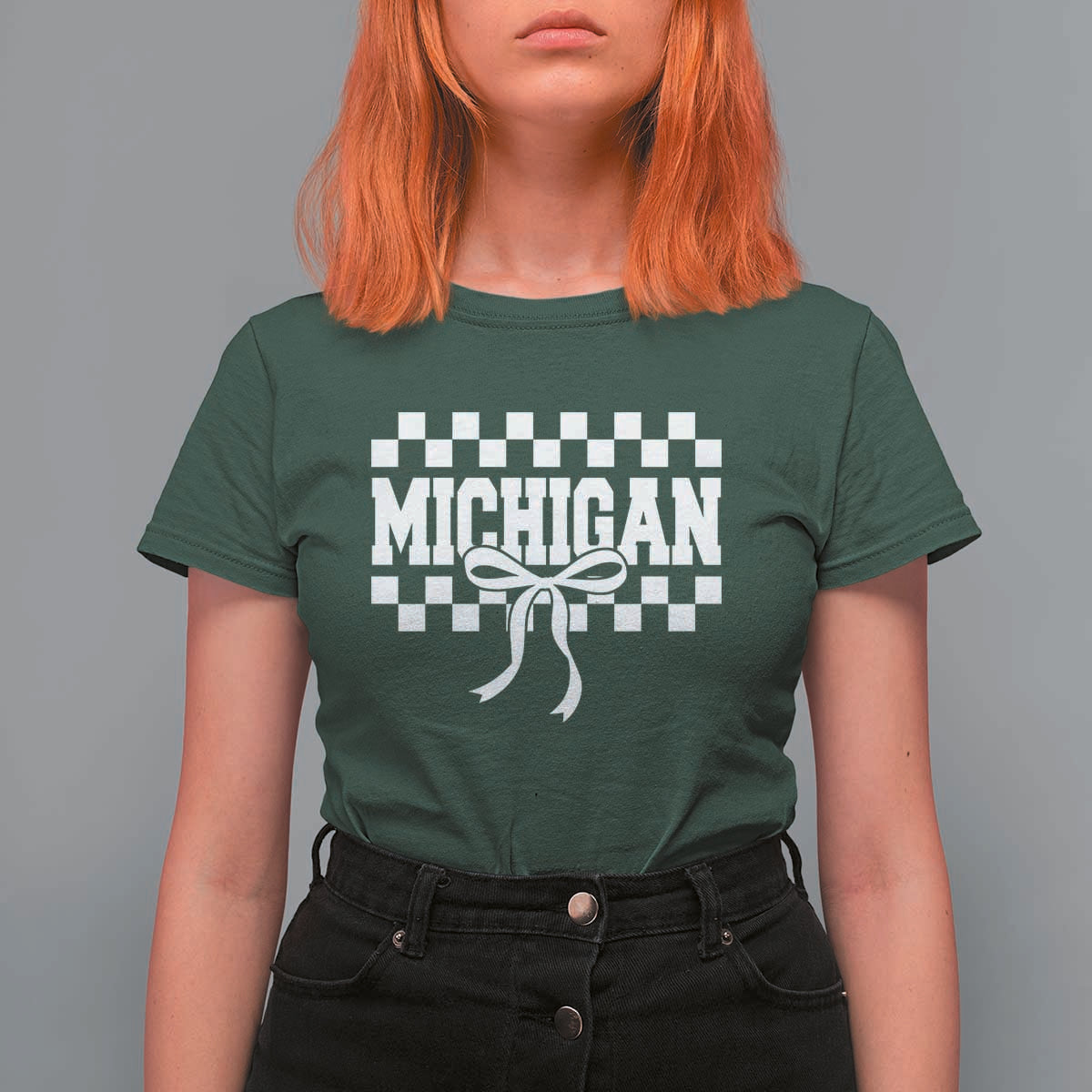 Michigan Fan T Shirt For Women MI State Sport Coquette Bow Checkered Design Game Day