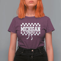 Michigan Fan T Shirt For Women MI State Sport Coquette Bow Checkered Design Game Day