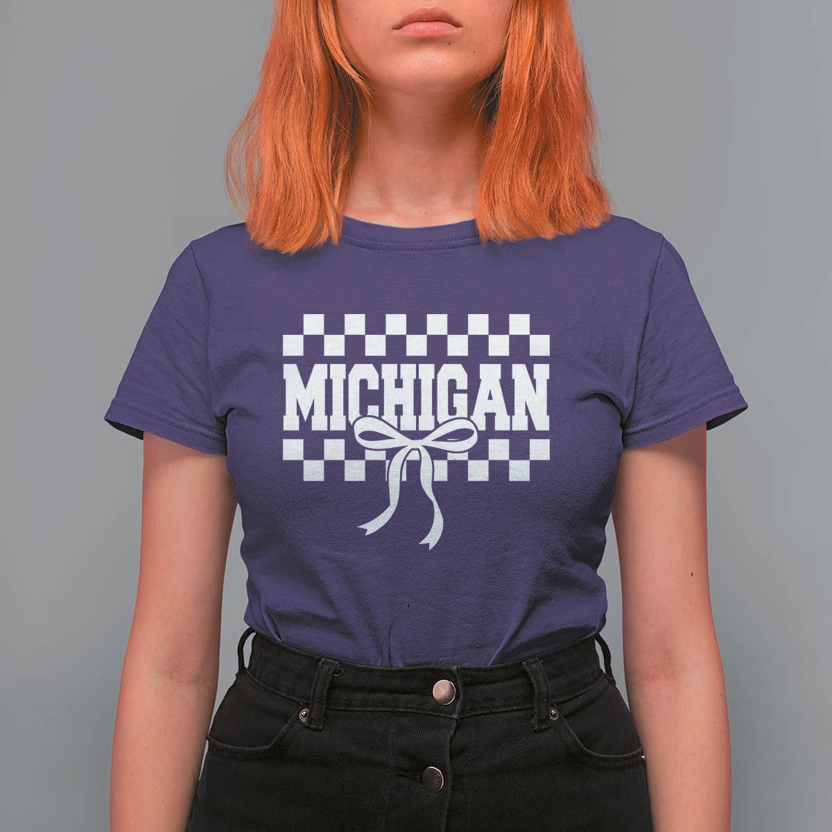 Michigan Fan T Shirt For Women MI State Sport Coquette Bow Checkered Design Game Day