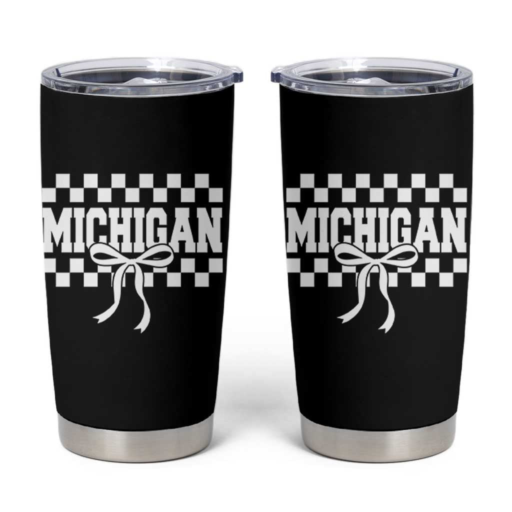 Michigan Fan Tumbler Cup MI State Sport Coquette Bow Checkered Design Game Day