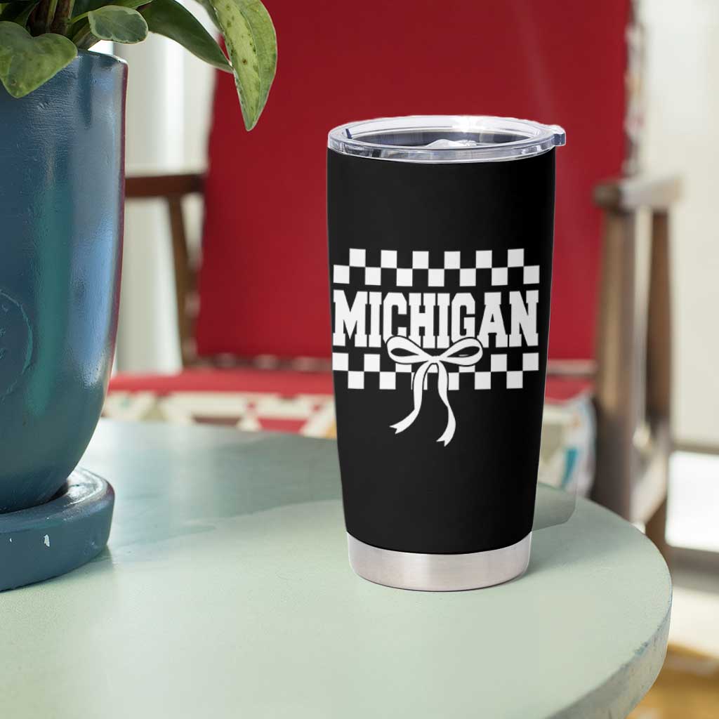 Michigan Fan Tumbler Cup MI State Sport Coquette Bow Checkered Design Game Day