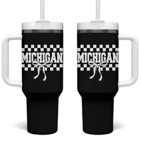 Michigan Fan Tumbler With Handle MI State Sport Coquette Bow Checkered Design Game Day