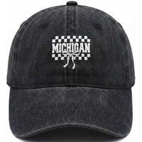Michigan Fan Washed Cotton Baseball Cap MI State Sport Coquette Bow Checkered Design Game Day