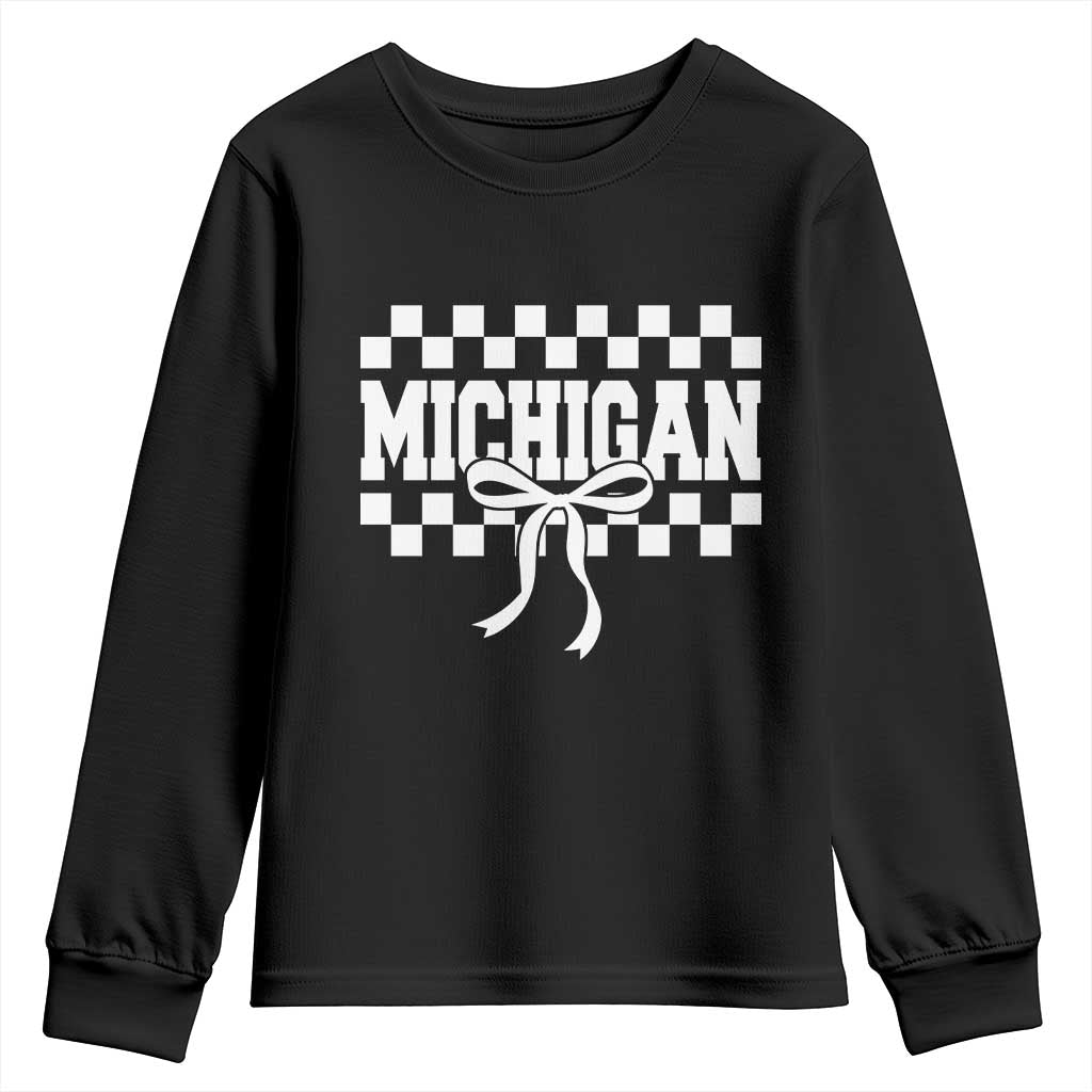 Michigan Fan Youth Sweatshirt MI State Sport Coquette Bow Checkered Design Game Day