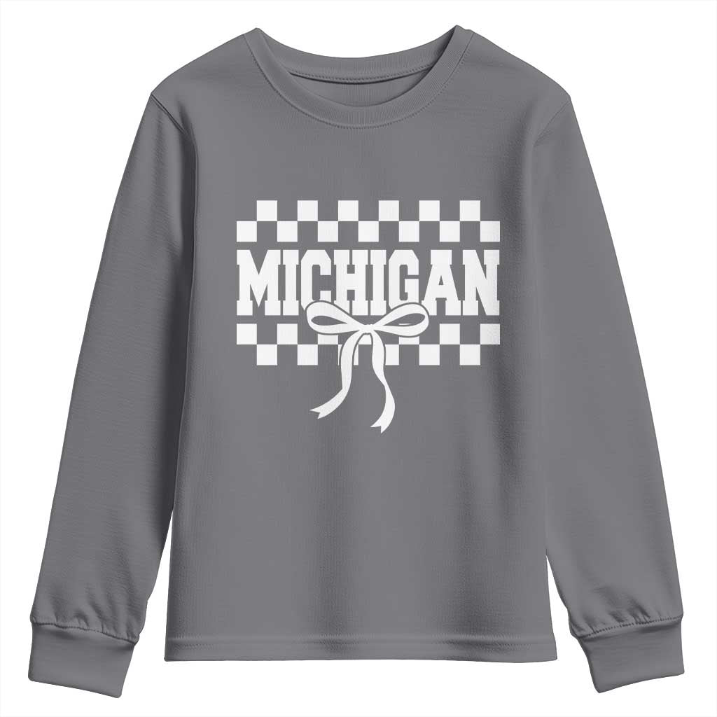Michigan Fan Youth Sweatshirt MI State Sport Coquette Bow Checkered Design Game Day