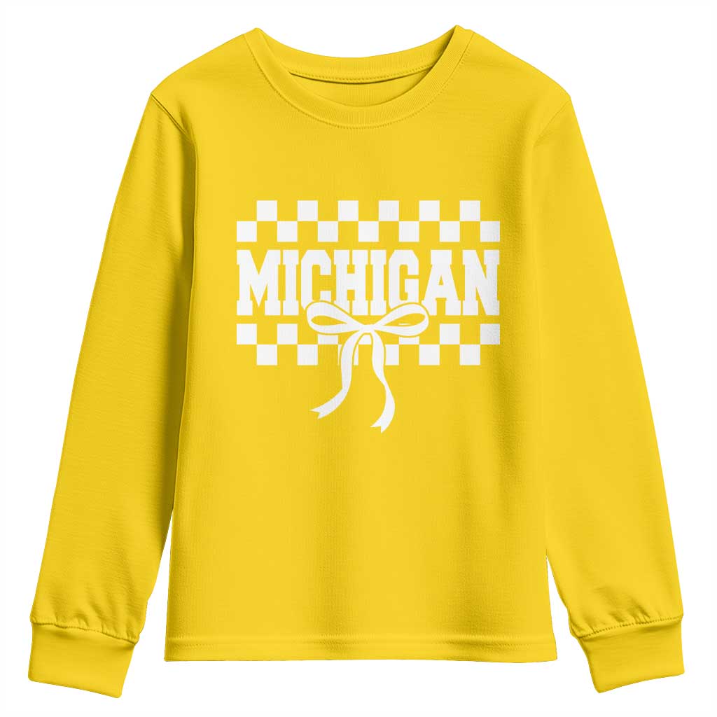Michigan Fan Youth Sweatshirt MI State Sport Coquette Bow Checkered Design Game Day