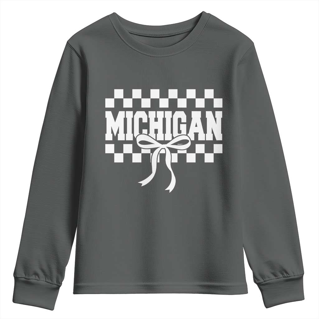 Michigan Fan Youth Sweatshirt MI State Sport Coquette Bow Checkered Design Game Day