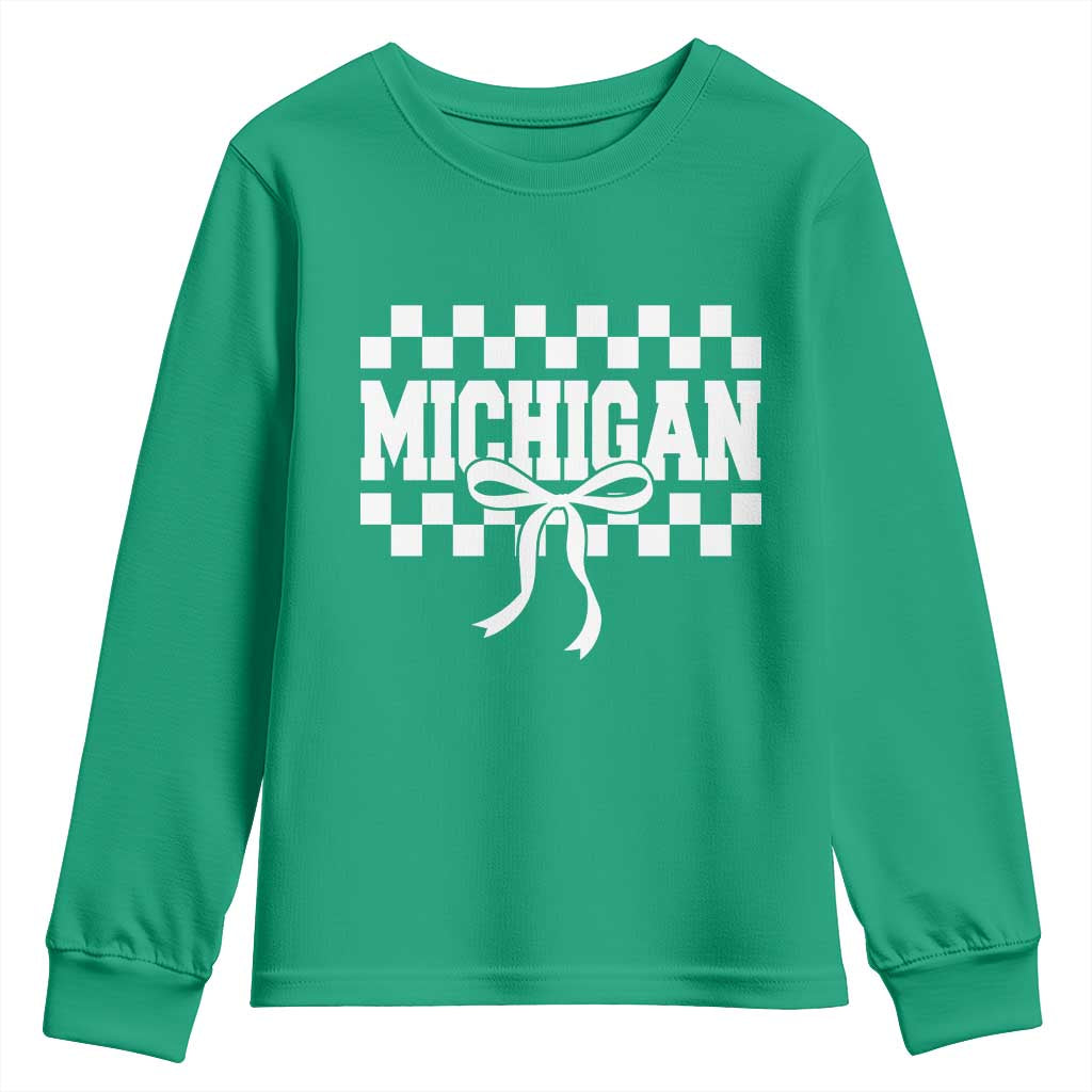 Michigan Fan Youth Sweatshirt MI State Sport Coquette Bow Checkered Design Game Day