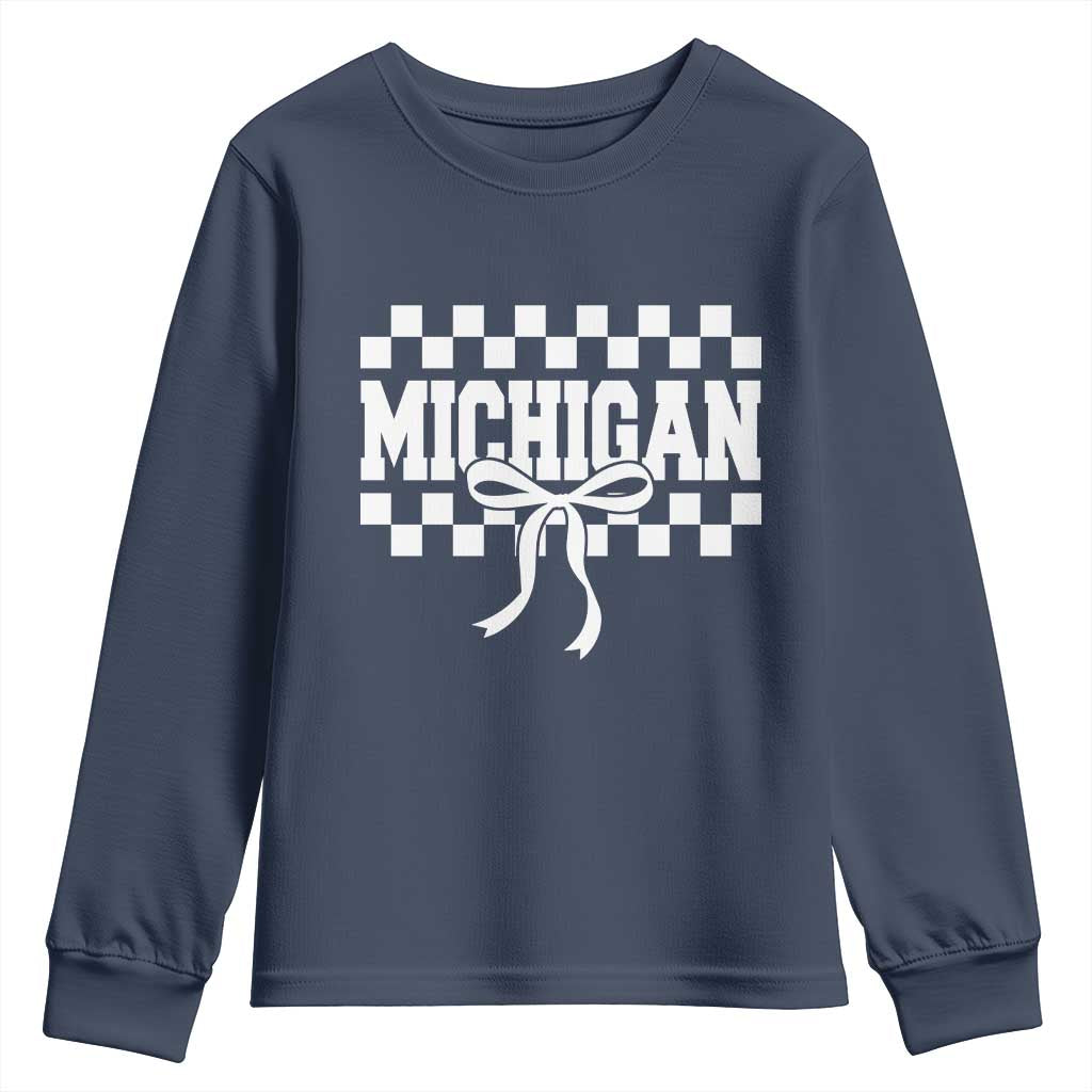 Michigan Fan Youth Sweatshirt MI State Sport Coquette Bow Checkered Design Game Day