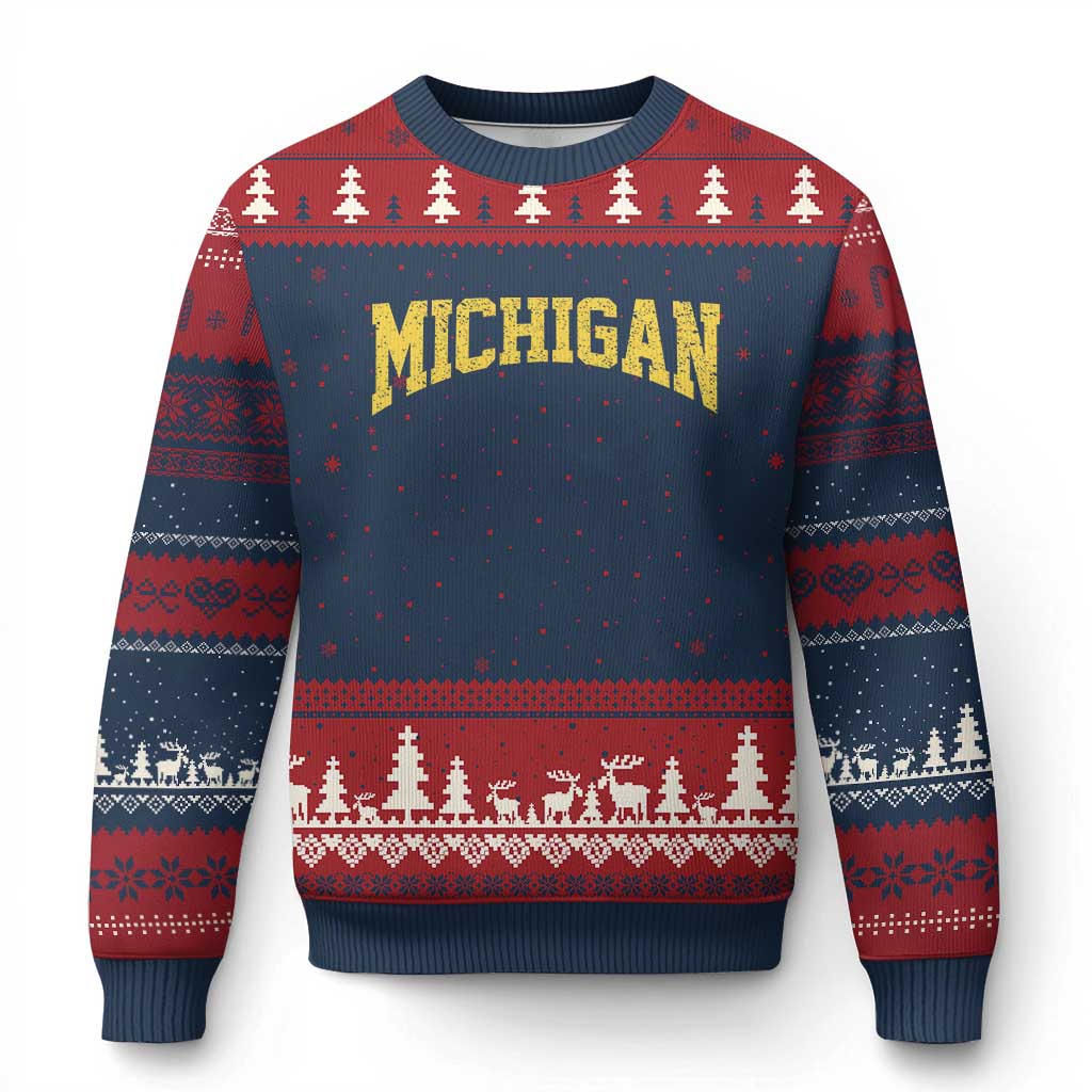 Michigan Fan Ugly Christmas Sweater Yellow Bold Sport State Letters Game Day