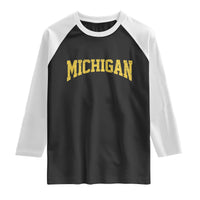 Michigan Fan Raglan Shirt Yellow Bold Sport State Letters Game Day