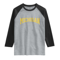 Michigan Fan Raglan Shirt Yellow Bold Sport State Letters Game Day
