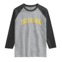 Michigan Fan Raglan Shirt Yellow Bold Sport State Letters Game Day