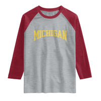 Michigan Fan Raglan Shirt Yellow Bold Sport State Letters Game Day