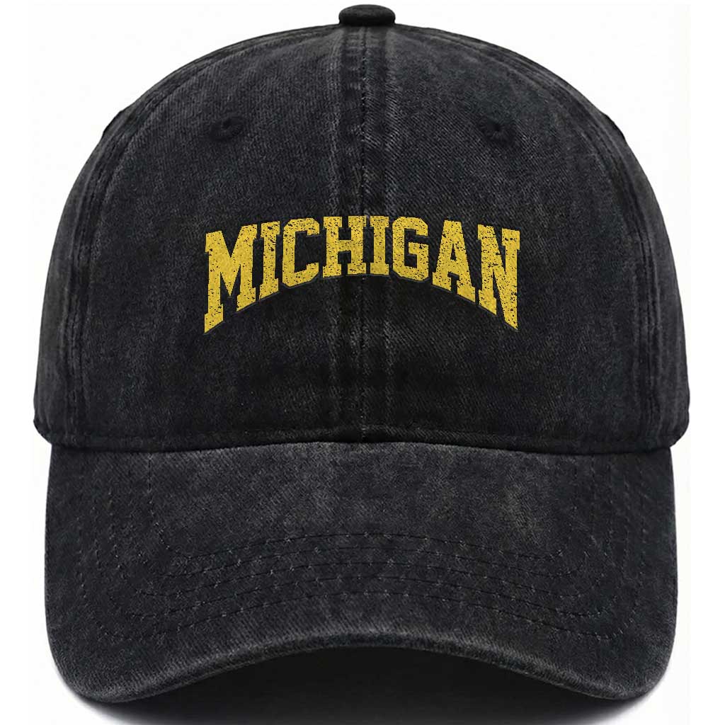 Michigan Fan Washed Cotton Baseball Cap Yellow Bold Sport State Letters Game Day