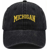 Michigan Fan Washed Cotton Baseball Cap Yellow Bold Sport State Letters Game Day