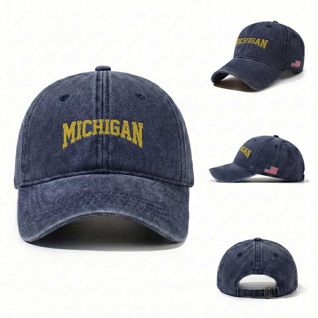 Michigan Fan Washed Cotton Baseball Cap Yellow Bold Sport State Letters Game Day