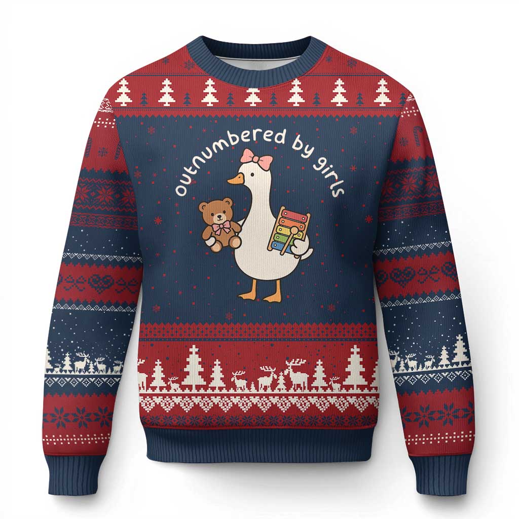 Outnumbered By Girls Ugly Christmas Sweater Funny Girl Dad Goose