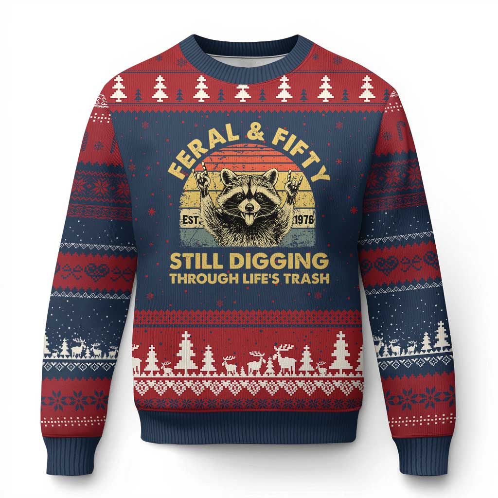 50th Birthday Raccoon Ugly Christmas Sweater Feral And Fifty Still Digging Through Life's Trash Est 1976