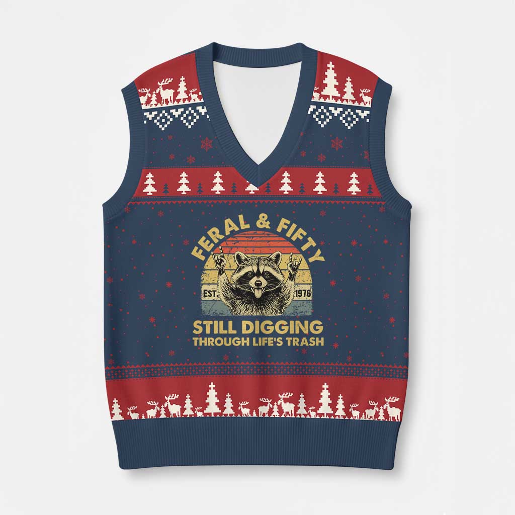 50th Birthday Raccoon V-Neck Knit Sweater Vest Feral And Fifty Still Digging Through Life's Trash Est 1976