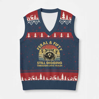 50th Birthday Raccoon V-Neck Knit Sweater Vest Feral And Fifty Still Digging Through Life's Trash Est 1976