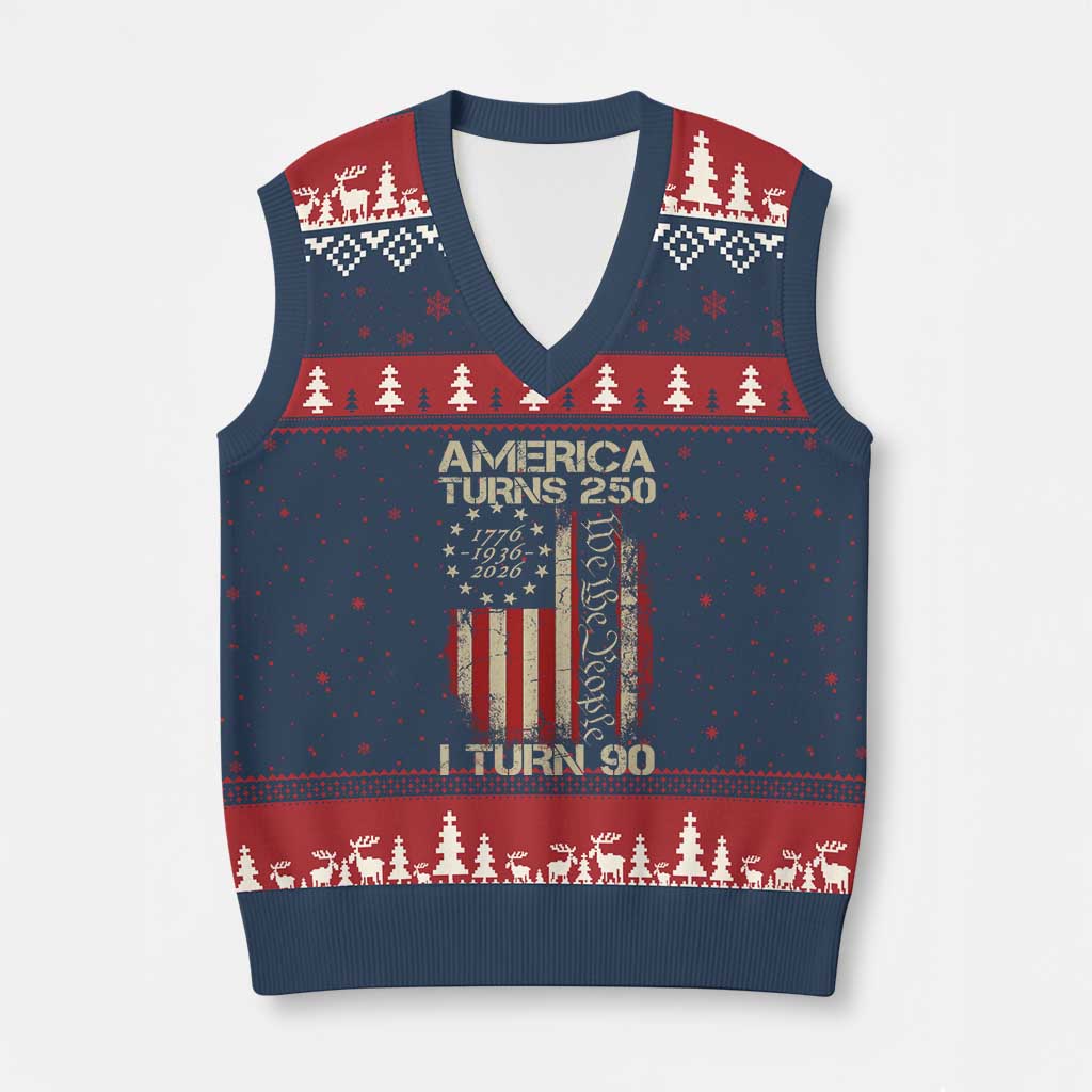 America Turns 250 I Turn 90 V-Neck Knit Sweater Vest 90th Birthday 250th Anniversary USA Vintage 1936 Bday