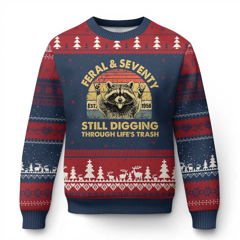 70th Birthday Raccoon Ugly Christmas Sweater Feral And Seventy Still Digging Through Life's Trash Est 1956
