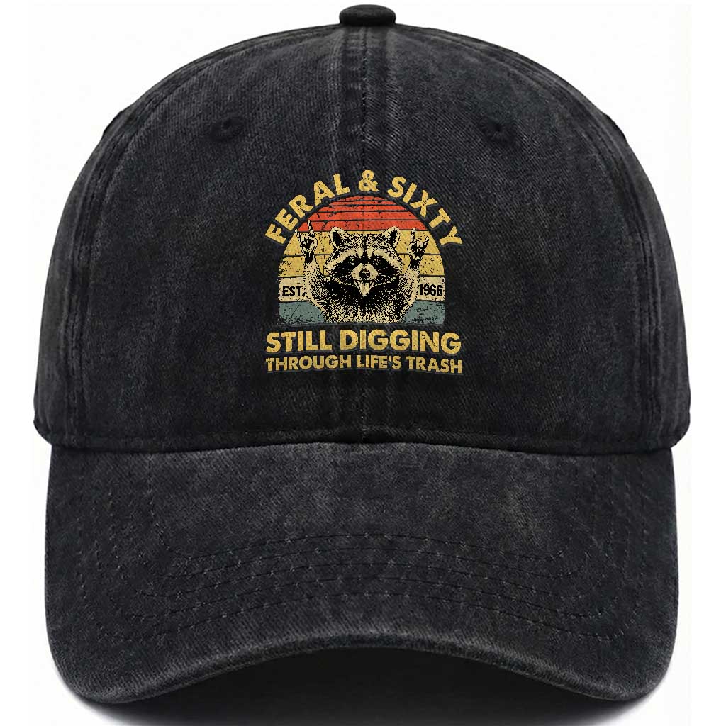 60th Birthday Raccoon Washed Cotton Baseball Cap Feral And Sixty Still Digging Through Life's Trash Est 1966