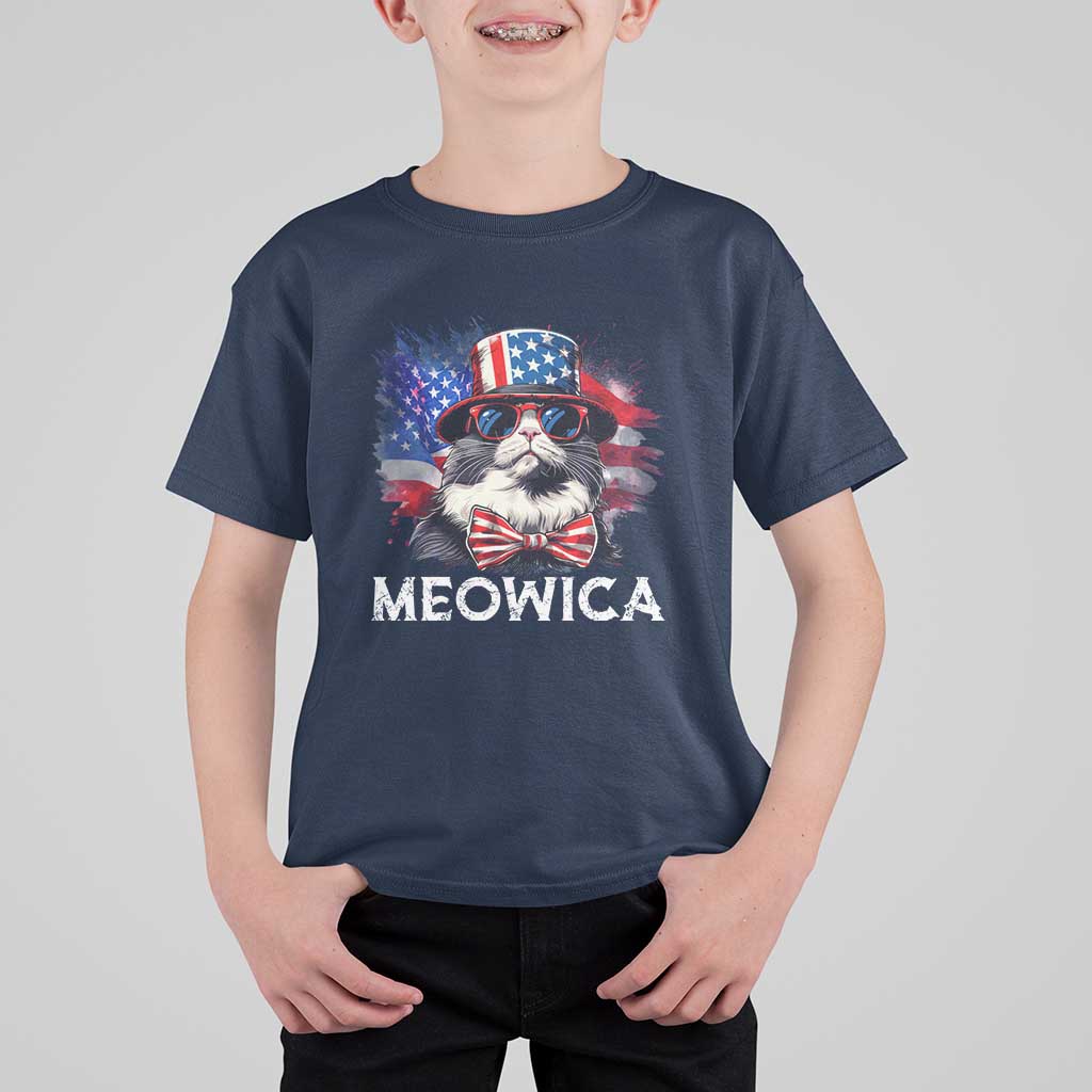 Funny 4th Of July T Shirt For Kid Meowica American Flag USA Cat - Wonder Print Shop