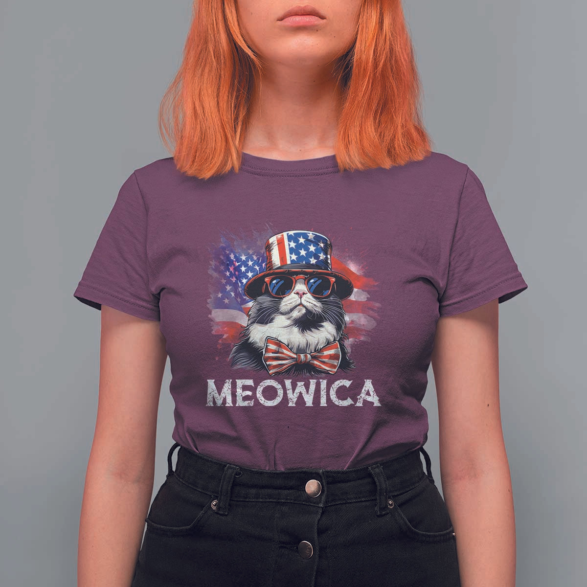 Funny 4th Of July T Shirt For Women Meowica American Flag USA Cat - Wonder Print Shop