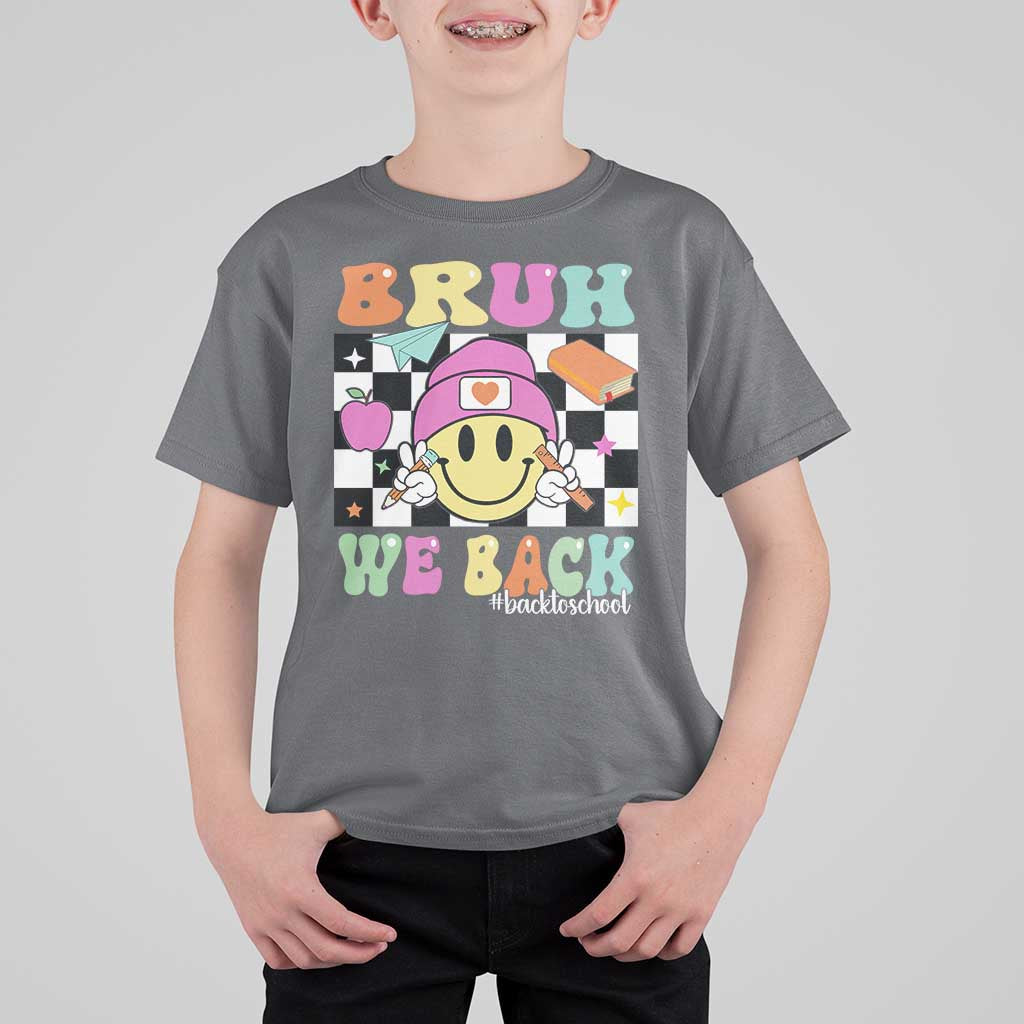 Bruh We Back T Shirt For Kid Back To School Retro Groovy Smiley Face - Wonder Print Shop