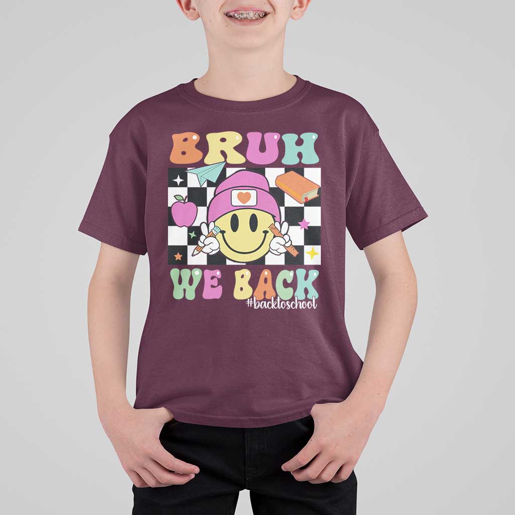 Bruh We Back T Shirt For Kid Back To School Retro Groovy Smiley Face - Wonder Print Shop