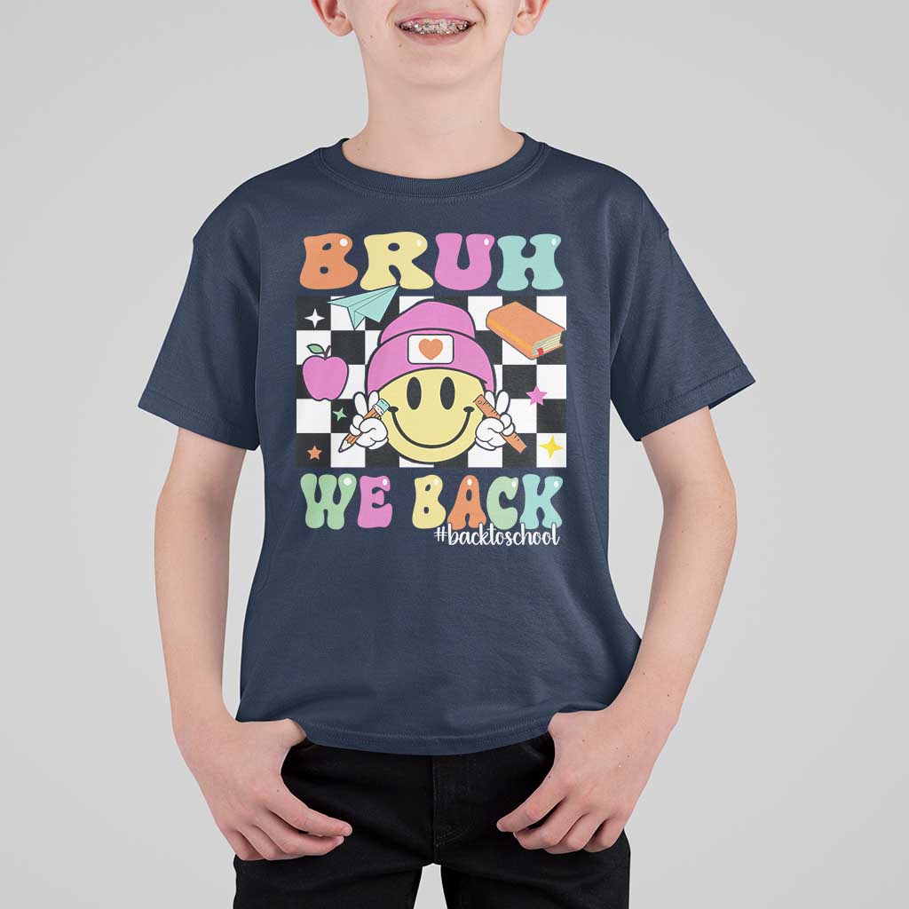 Bruh We Back T Shirt For Kid Back To School Retro Groovy Smiley Face - Wonder Print Shop