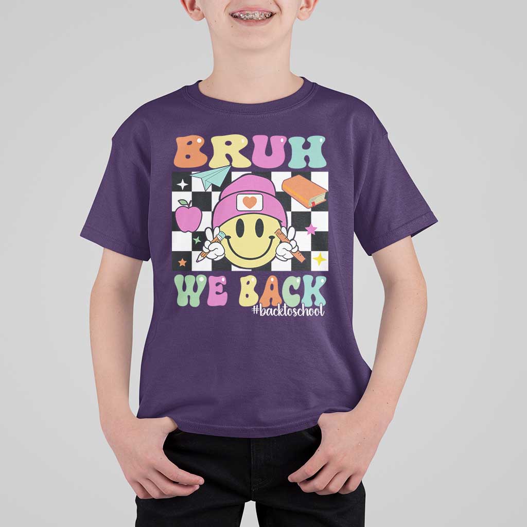 Bruh We Back T Shirt For Kid Back To School Retro Groovy Smiley Face - Wonder Print Shop