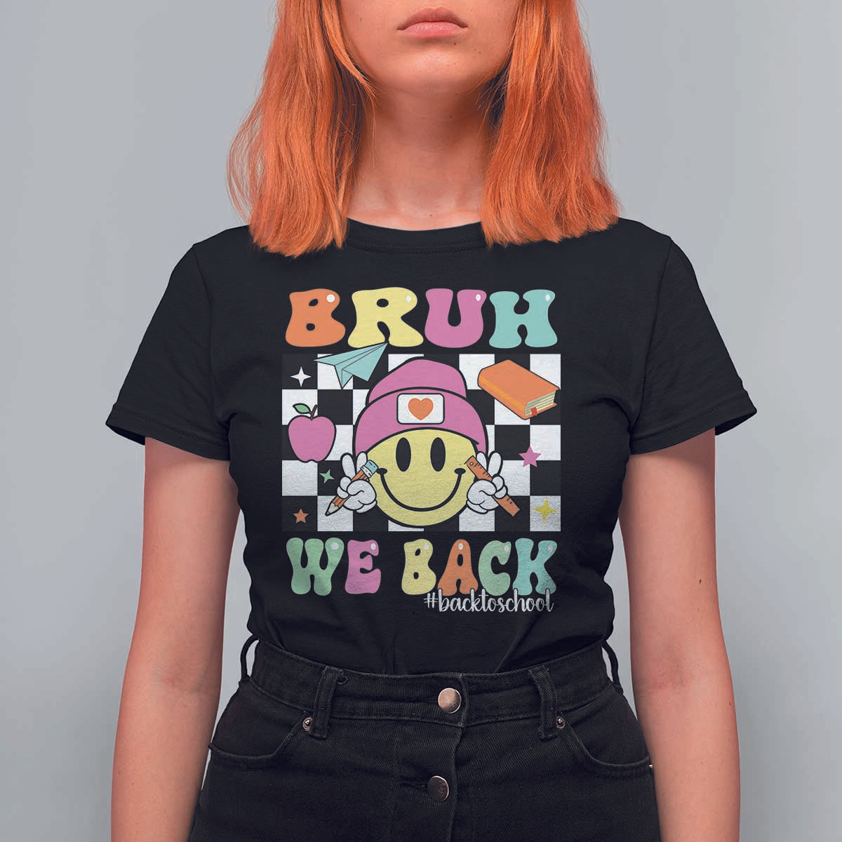 Bruh We Back T Shirt For Women Back To School Retro Groovy Smiley Face - Wonder Print Shop
