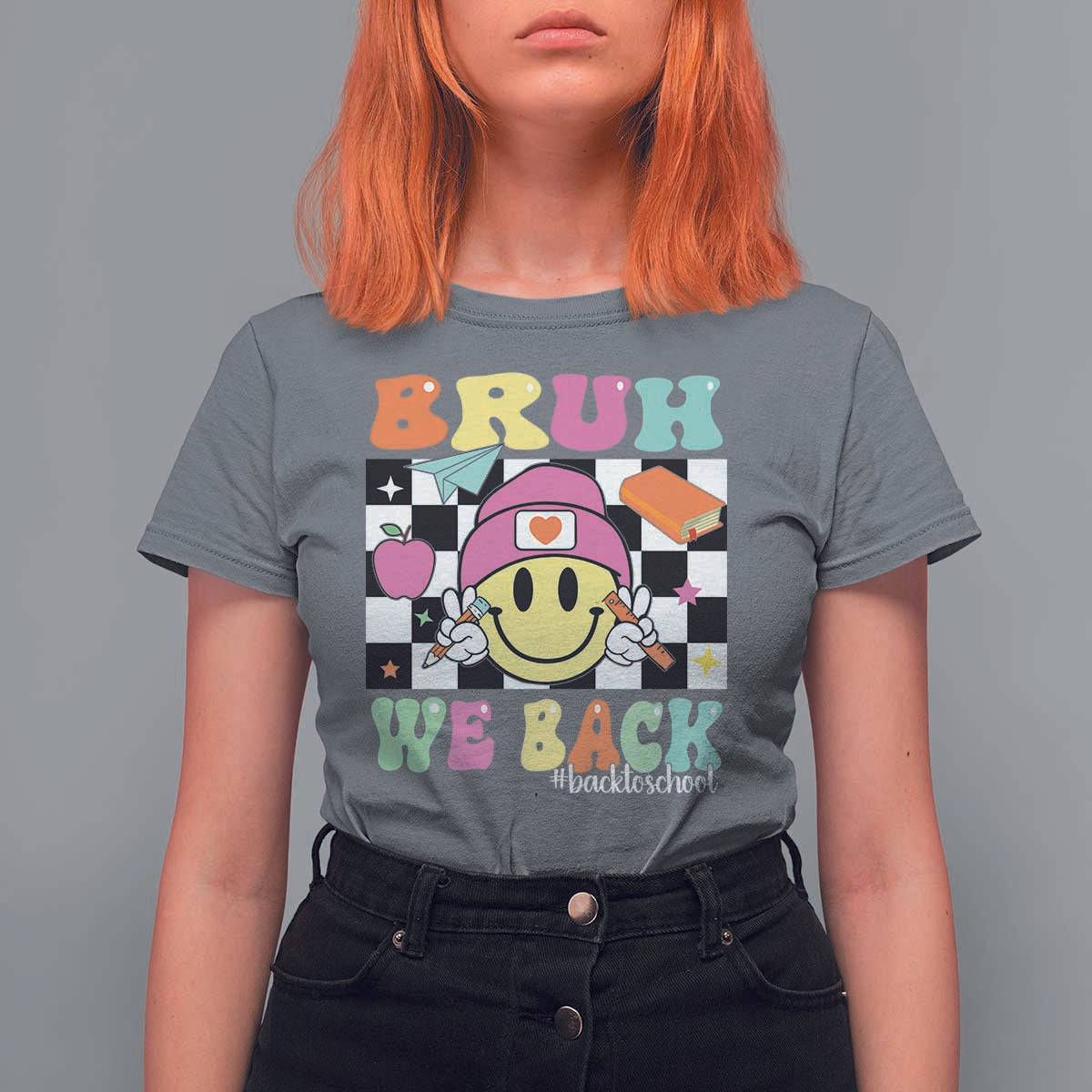 Bruh We Back T Shirt For Women Back To School Retro Groovy Smiley Face - Wonder Print Shop