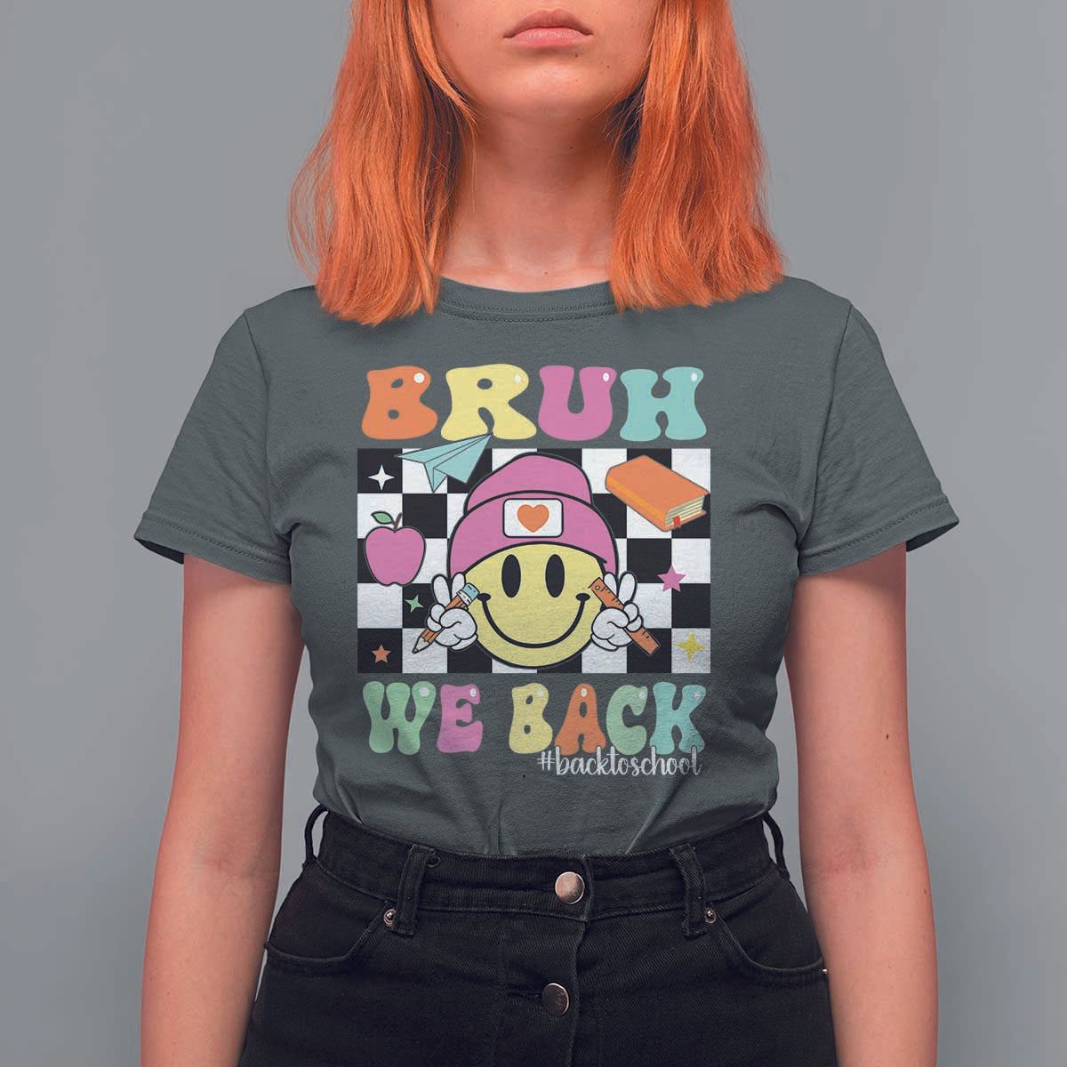 Bruh We Back T Shirt For Women Back To School Retro Groovy Smiley Face - Wonder Print Shop