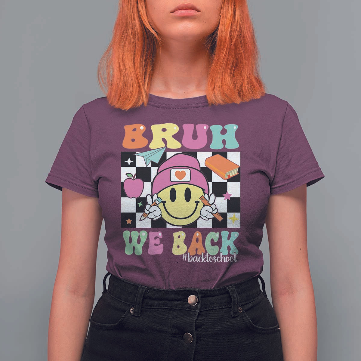 Bruh We Back T Shirt For Women Back To School Retro Groovy Smiley Face - Wonder Print Shop