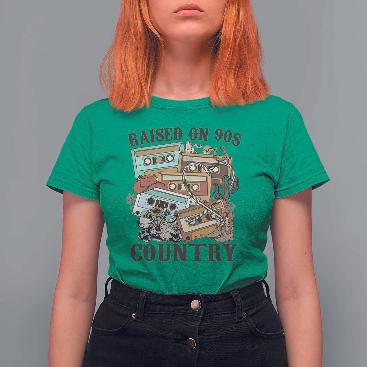 Funny Western Country T Shirt For Women Raised On 90s Country Mixtape - Wonder Print Shop
