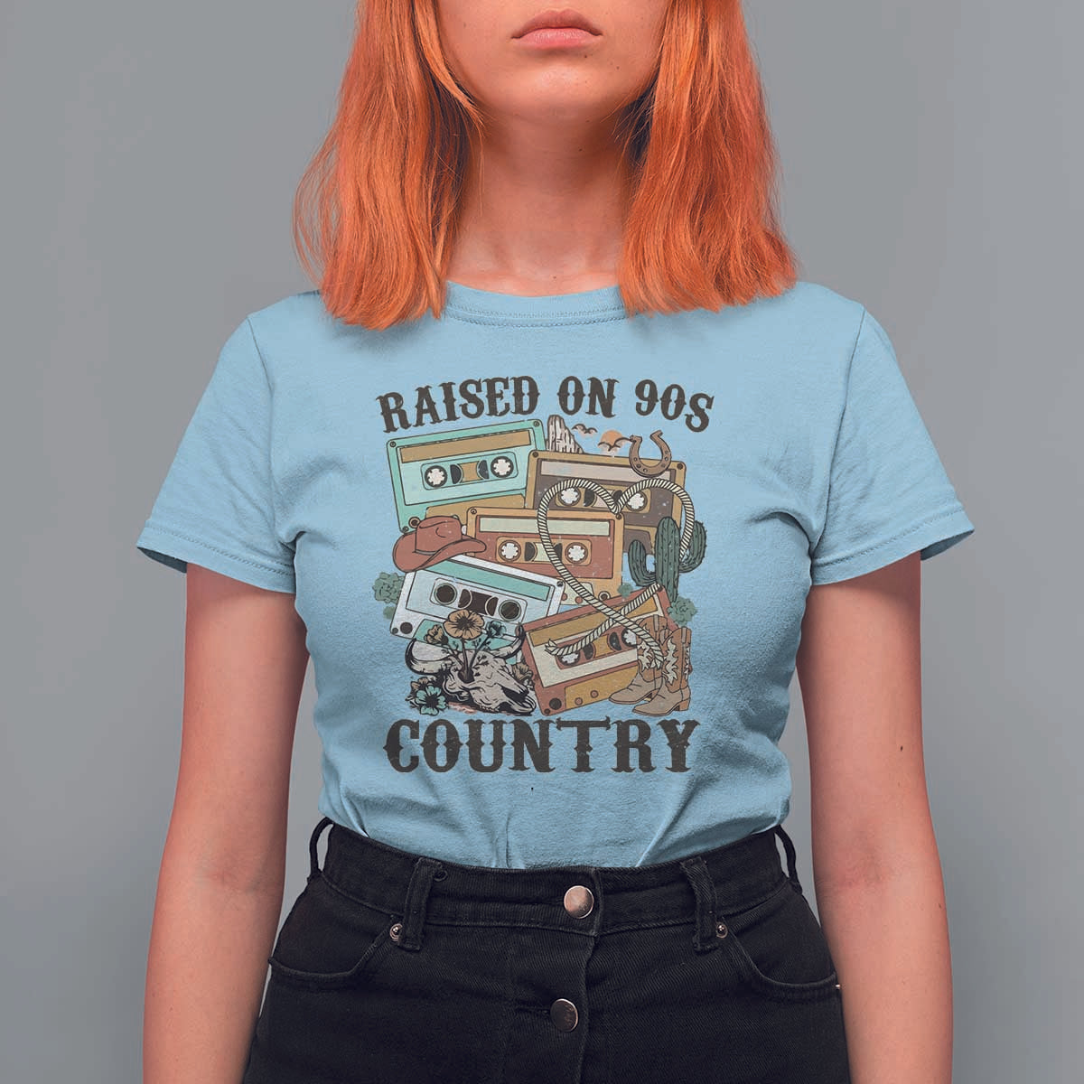 Funny Western Country T Shirt For Women Raised On 90s Country Mixtape - Wonder Print Shop