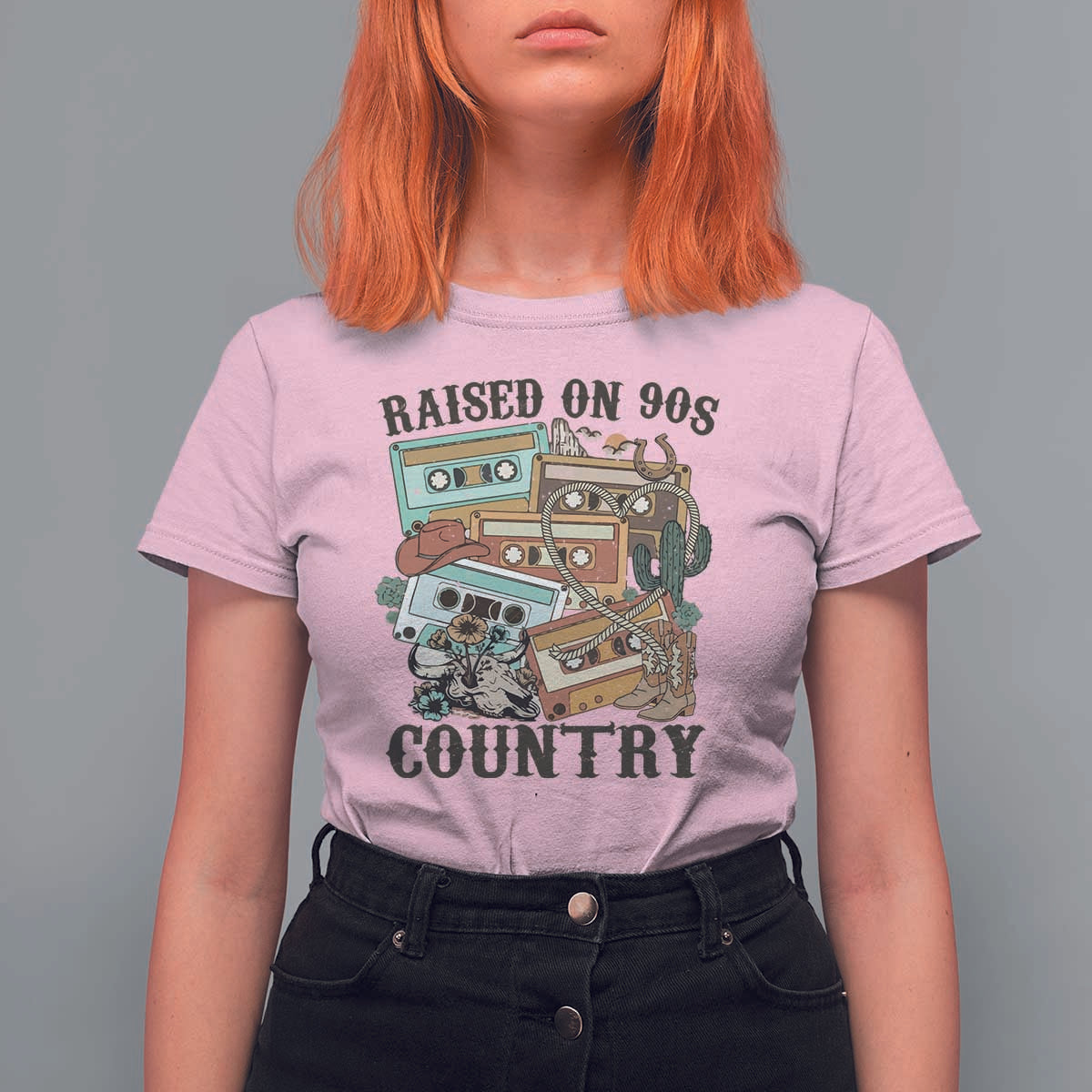 Funny Western Country T Shirt For Women Raised On 90s Country Mixtape - Wonder Print Shop